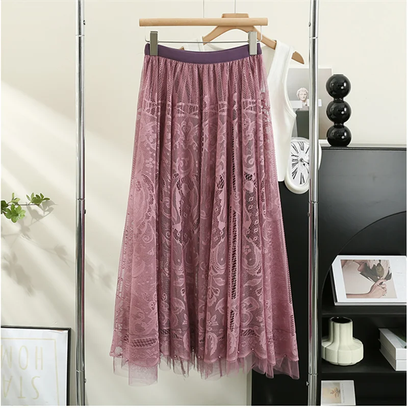 New Summer Beading Embroidery Mesh Skirt Women Elastic High Waist Hollow Out Lace Skirts Ladies A-Line Large Hem Long Skirt Saia