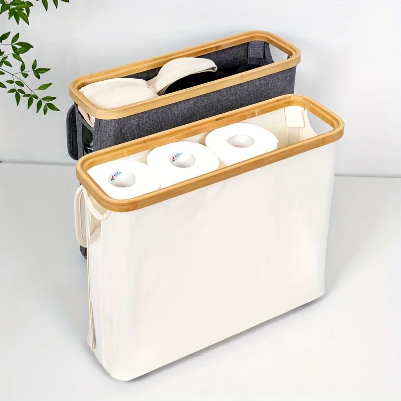 

Multi functional bamboo laundry basket with lid suitable for bedroom, bathroom toilet paper storage container.