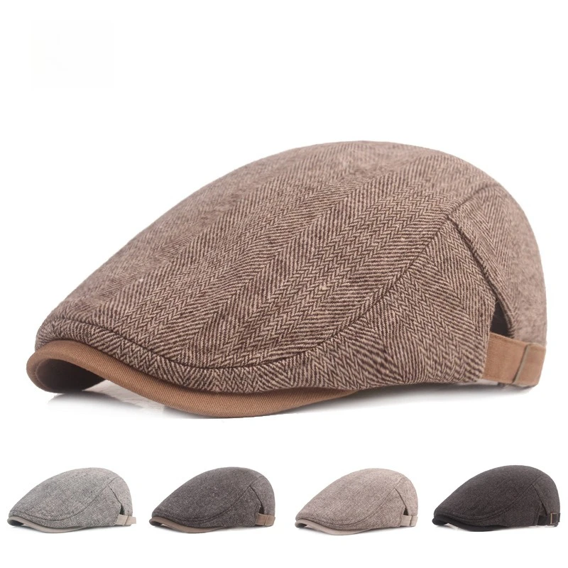 Herringbone Tweed Ivy Flat Cap British Vintage Newsboy Beret Adjustable Back Strap Gentleman Peaked Hat Autumn Winter Headwear