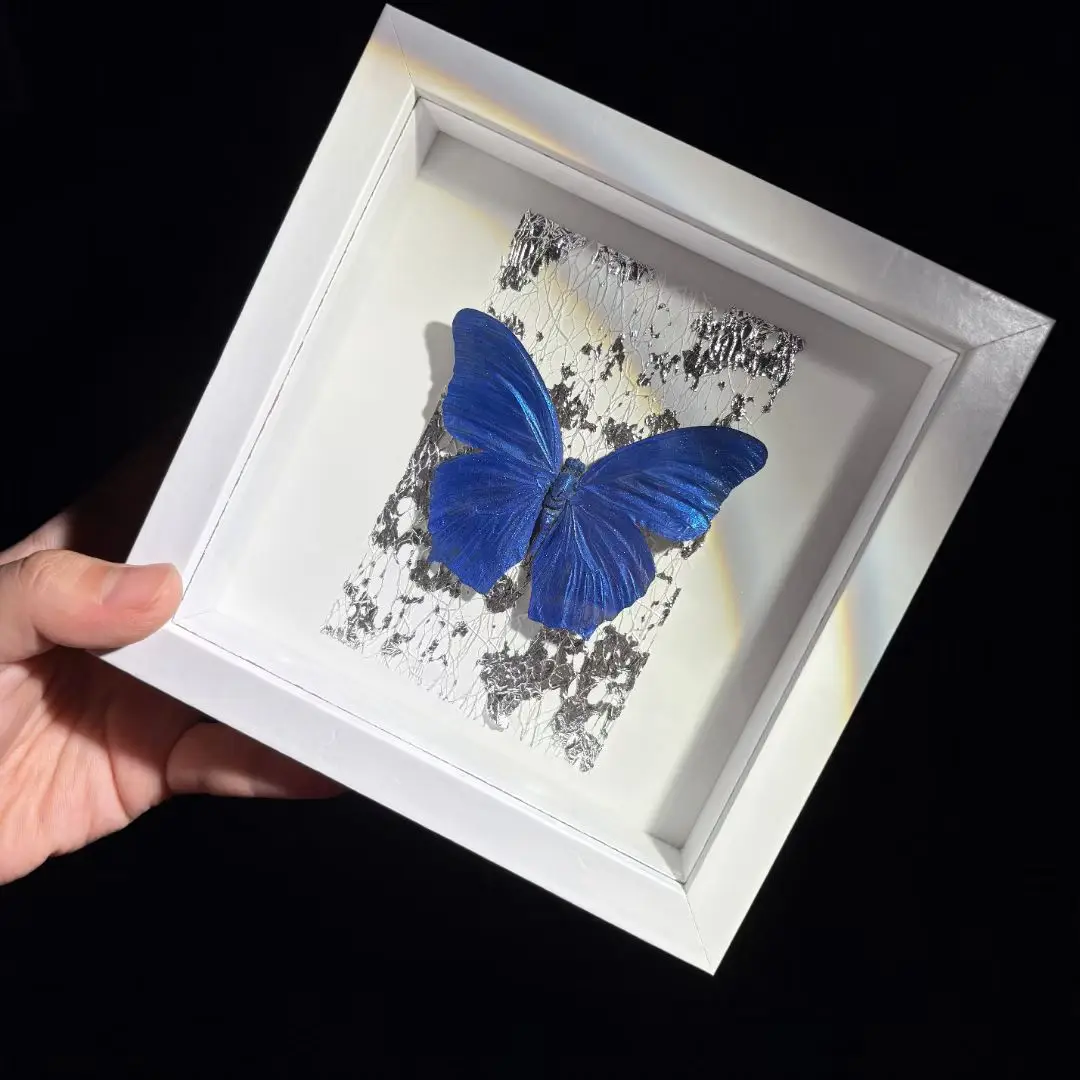 2092 Handmade Artificial Glitter Butterfly Artwork in White Frame Hand Painted Resin Craft Unique Wall Decor Ornament for Gift