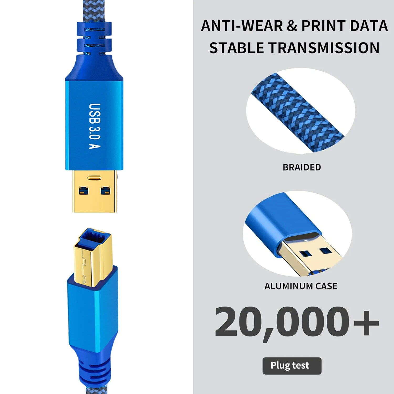 USB 3.0 Type B Data Cable USB-A Male To USB-B Male Nylon Braid Cord for Docking Station External Hard Drivers Scanner Printer