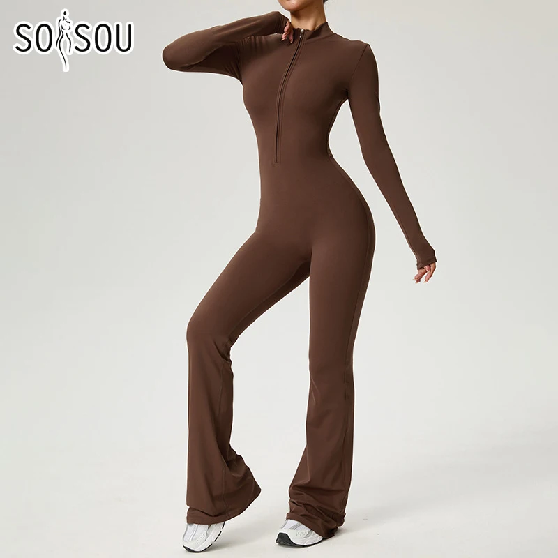 

SOISOU Zipper Jumpsuit Flared Pants Women Clothing Sportswear Gym Yoga Sport Sets Spandex Nylon Workout Sets Women Tracksuit