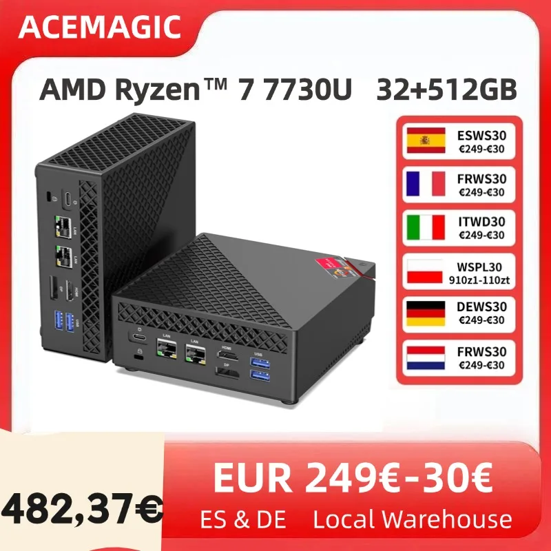 Mini PC AMD Ryzen 7 7730U 32GB DDR4 512GB SSD 6-rdzeniowy do 4.5GHz, Przenośny Mini Komputer Stacjonarny Wifi6 Wyświetlacz 4K Windows 11 PRO