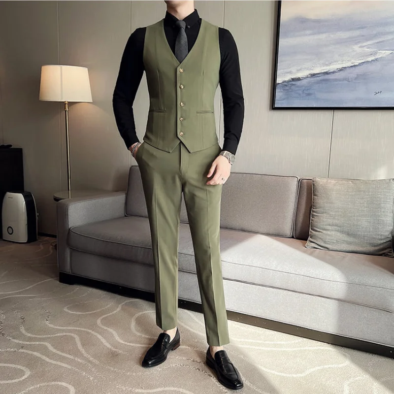 (Jackets+Pants+Vest) High-quality Men\'s Double Breasted Elegant Fashion Suits 3 Pcs Set Olive green Casual Wedding Social Tuxedo