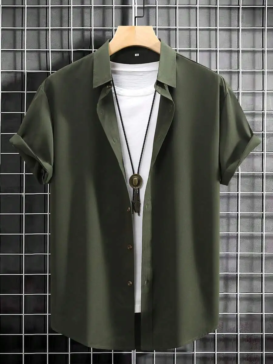 

Men's Olive Green Casual Short Sleeve Button-Down Shirt