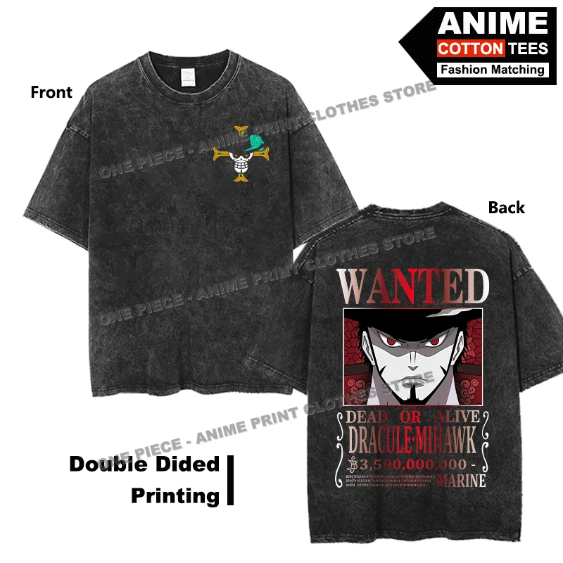 

Anime One Piece - Hawkeye WANTED T-shirt Double Sided Print Clothing Street styl Men Women Short Sleeve Retro Cotton Loose Tees