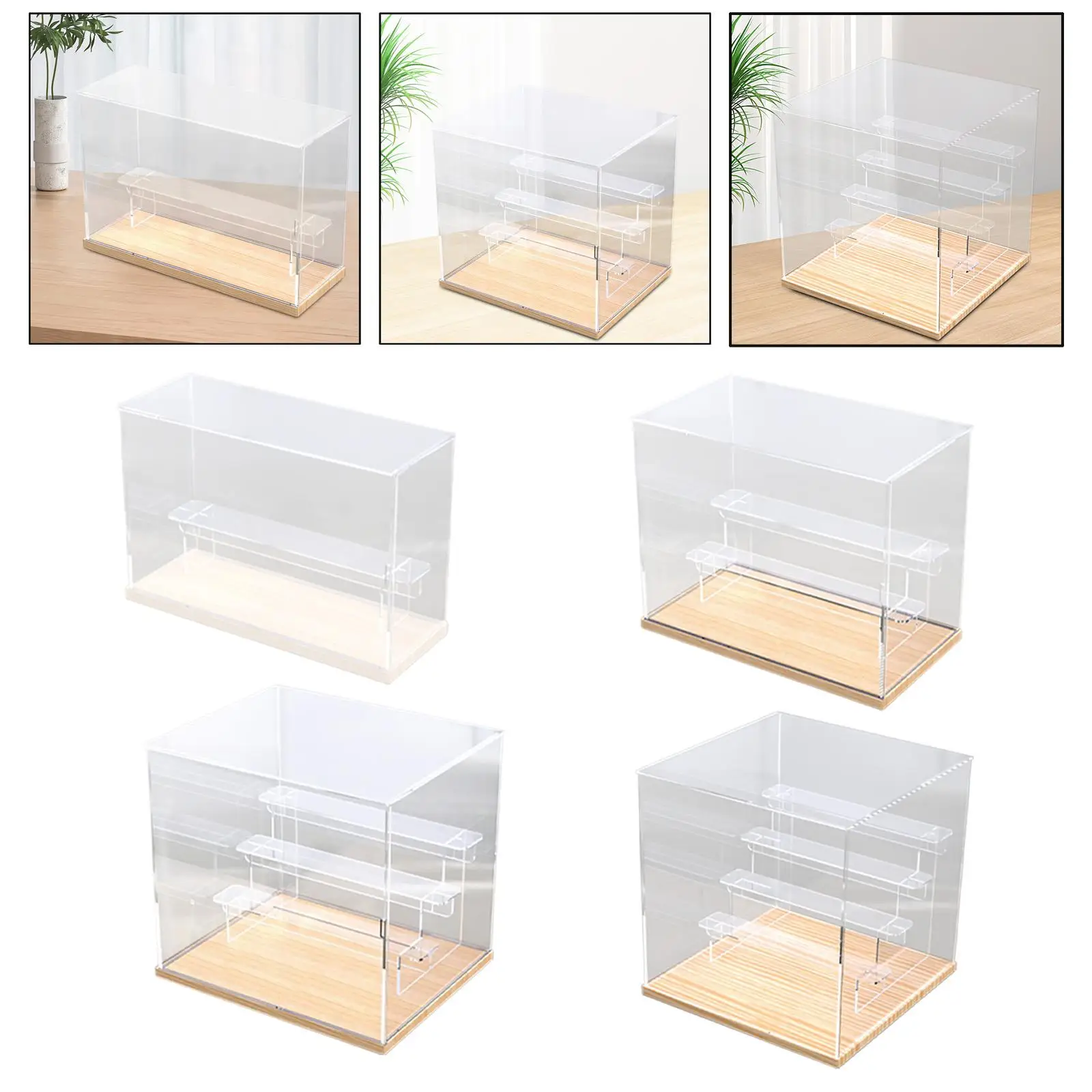 Clear Display Case for Collectibles Showcase Riser Storage Cube Wood Base Assemble for Toys Action Figures Statue Model Cars