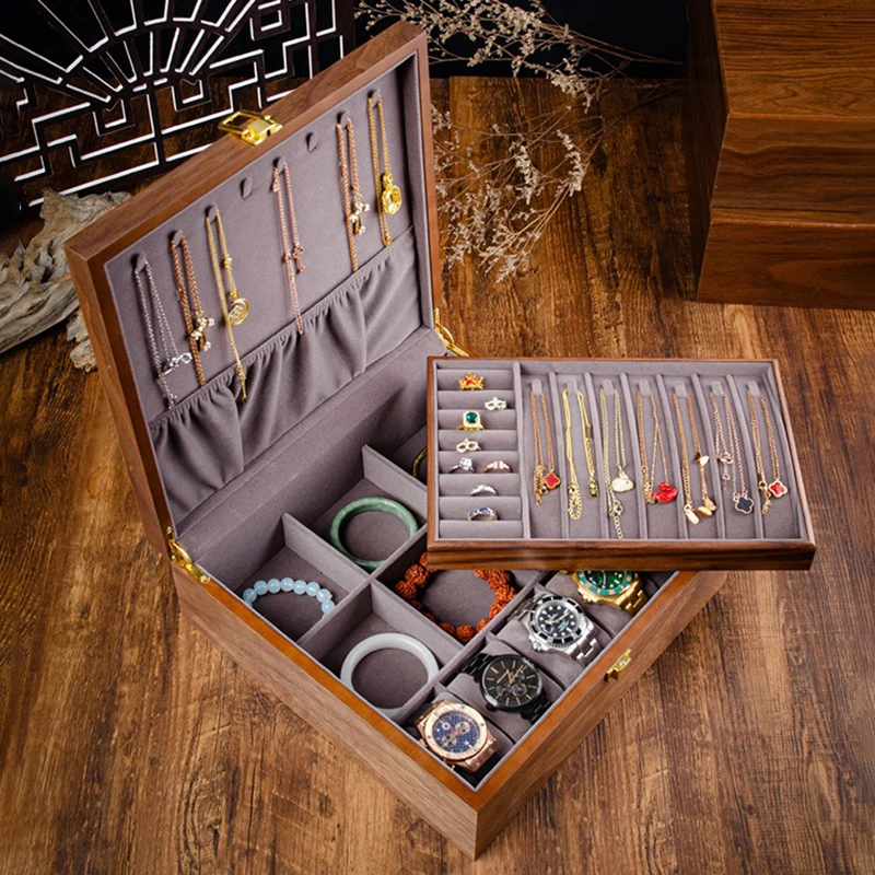

Glass Jewelry Display Box Watches Necklace Organizer Case Wooden Jewellery Trinket Cases Household Rings Storage Boxes