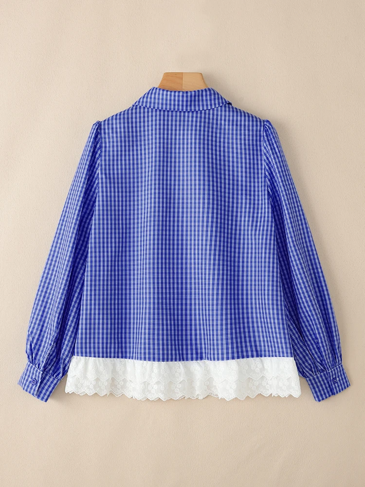 VONDA Elegante Vrouwen Lange Mouwen Mode Plaid Blouse Herfst Kant Patchwork Knop Stijlvolle Koreaanse Tops Tuniek Blusas