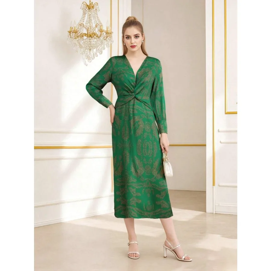 

【New style】Flower Long Dress For Women Fall Fashionable Deep V Neck Long Sleeve Cinched Waist Dress