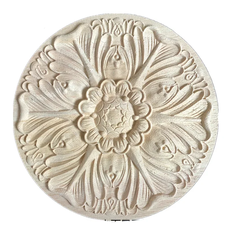15/20/24cm Flower Carving Natural Wood Appliques for Furniture Accessories Cabinet Unpainted Wooden Mouldings Decal Figurine