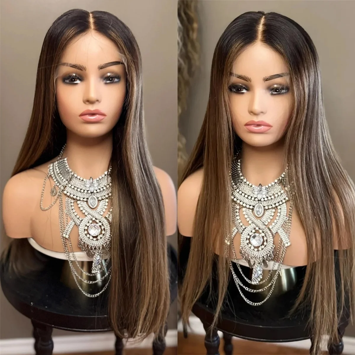 

Синтетический прямой парик с HD-кружевной передней частью, средней длины, с коричнево-блондными мелиями и темными корнями, реалистичная линия роста волос, предварительно выщипанный.