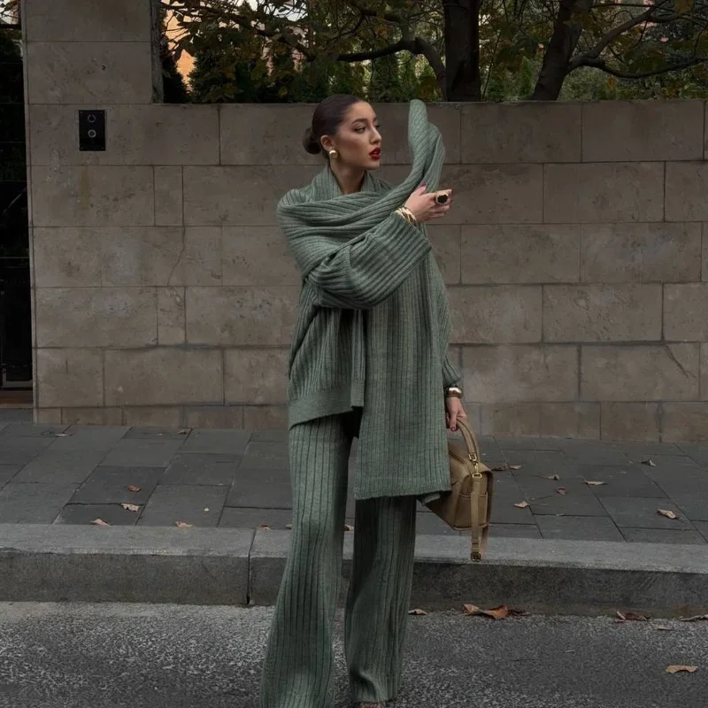 Conjunto de pantalones y suéter de manga larga para otoño e invierno, Jersey de punto a la moda, bufanda, pantalones, trajes, ropa de calle cálida para mujer 2024