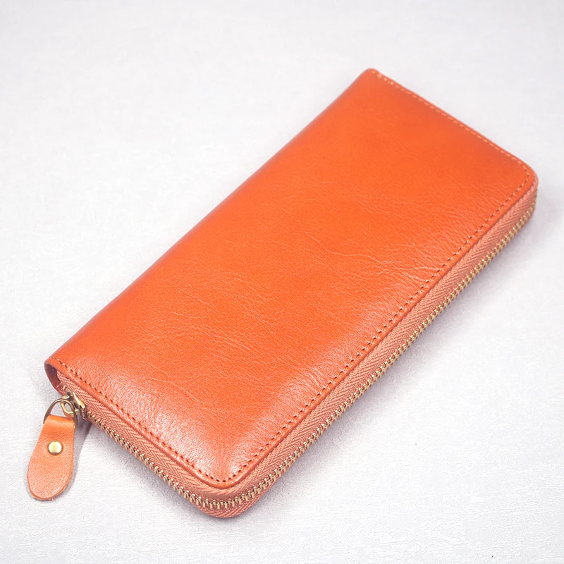 Genuine Leather Wallet For Women Vintage Original Cowhide Long Women's Purse Clutch Bag With Zipper Coin Pocket Cell Phone Bag