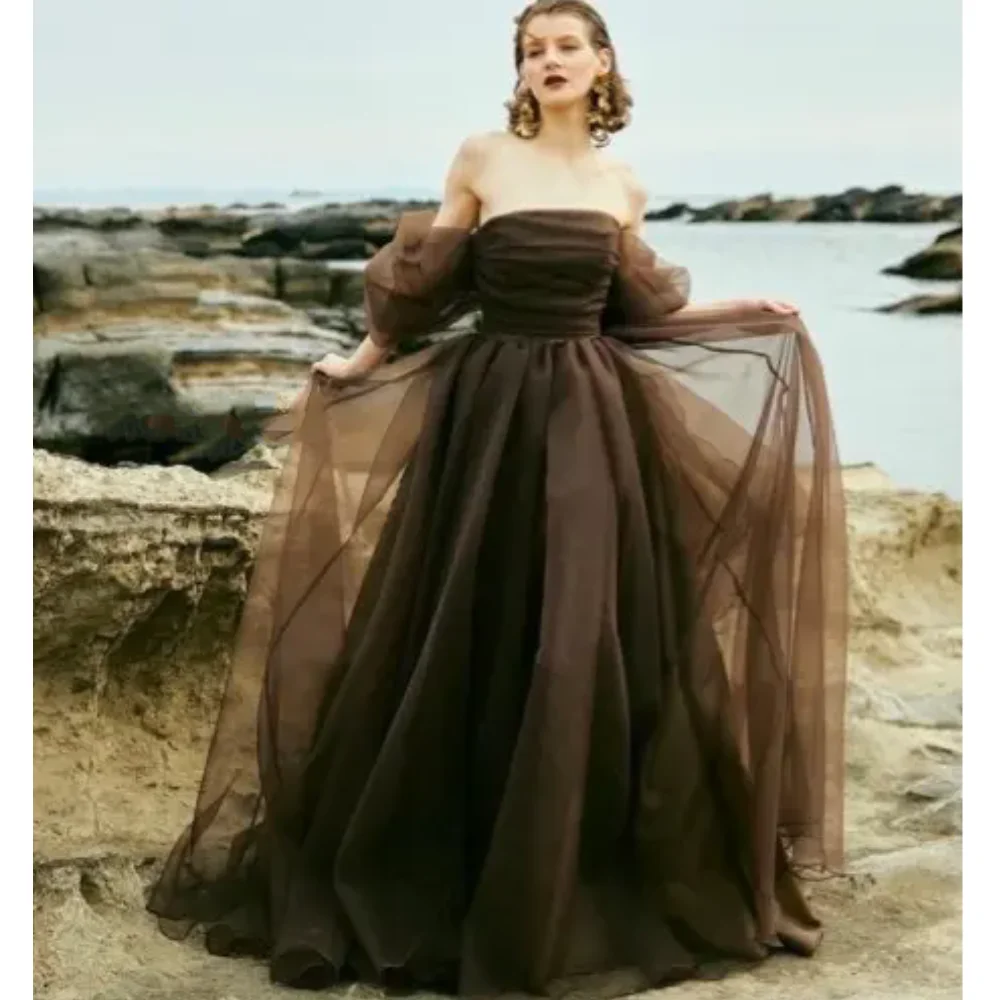 Fairytale Dark Brown Color Organza Bridal Dresses With Oversize Bow Back Strapless Puff Short Sleeves A-line Lone Women Dresses