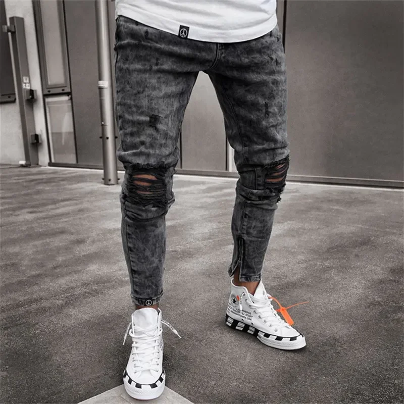 Cool Fashion Broken Holes Black Jeans Men New Button Zipper Splicing Slim Fit Pencil Trousers Junior Street Denim Pants Washable