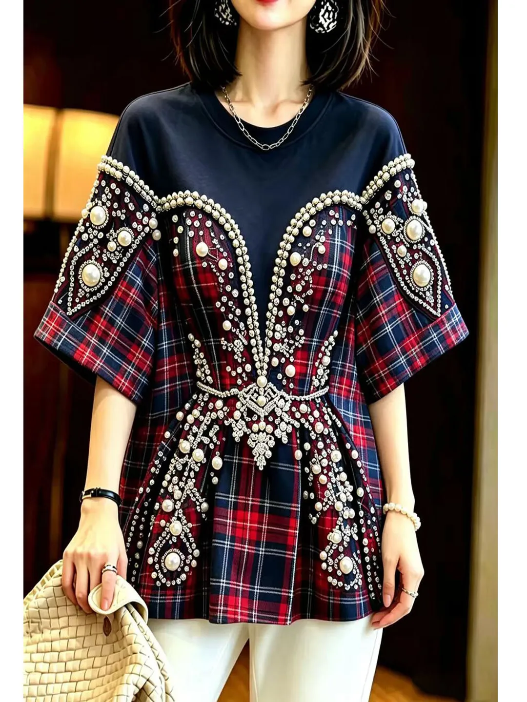 Heavy Embellished Plaid Women's T-shirt Summer New Style Korean Version Versatile Luxury Feel Short Sleeve round Neck Tee
