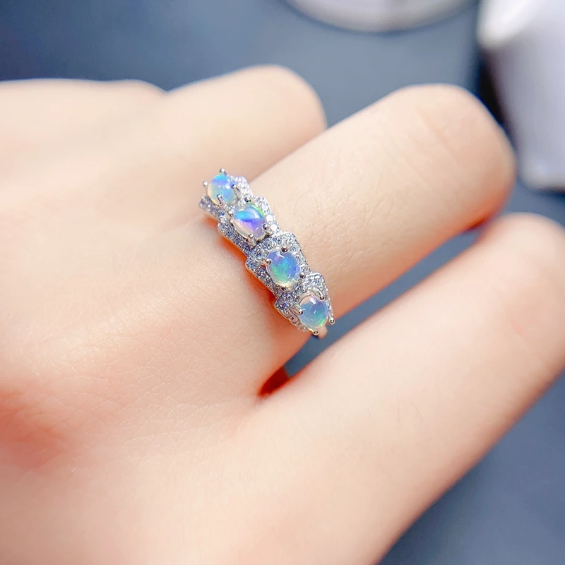 Cincin Opal Australia Alami, Sederhana dan Indah untuk Wanita, Warna Api Perak Murni 925 Kuat