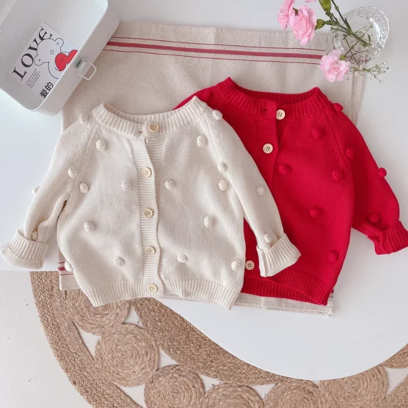 Winter Baby Girl Clothes Children's Cotton Knit Sweater Autumn Toddler Girl Hand-made Ball Cardigan Sweaters Kids Coat Tops 0-7Y