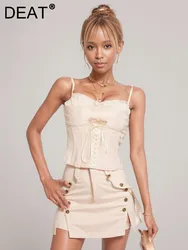 DEAT 2024 Spring Fashion Trendy Women Sling Vest Spliced Lace Contrast Bandage Sleeveless Camisole Female New Items 11XX8230