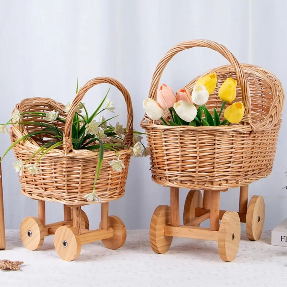 Vintage Woven Flower Basket Stroller Shaped Large Candy Basket with Handle Floral Rustic Baby Carriage Planter Home Decor