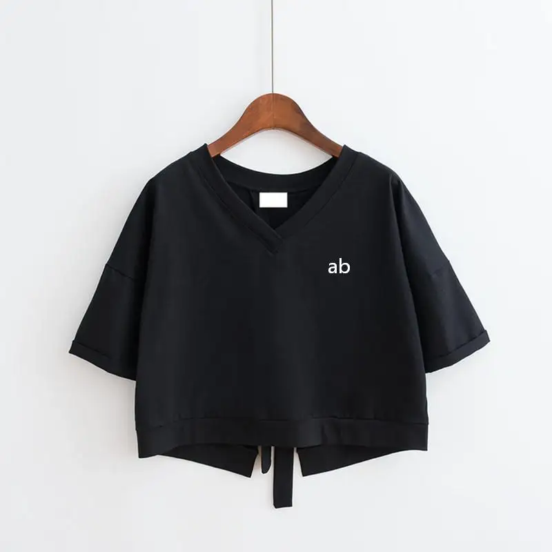 2026 Solid Color Backless Patched Slit V-Neck Loose Sporty Short Sleeve Top for Girls, Tie-Wrapped Short-Sleeved Women's T-Shirt