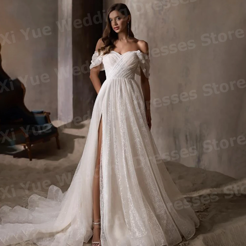 

Shiny A Line Women's Wedding Dresses Off The Shoulder Abito Da Sposa Bride Gowns Customized Sleeveless Slit Vestidos De Novia