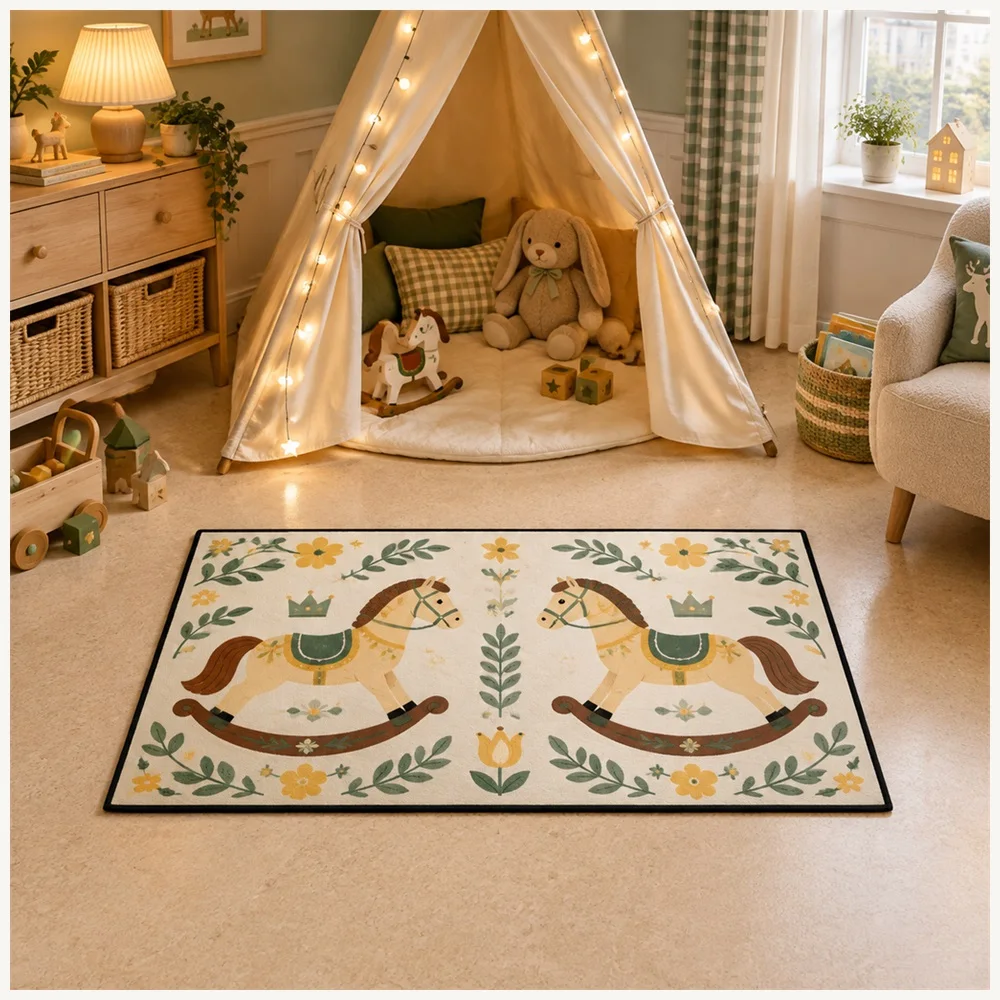 VIKAMA Kids Play Cream Yellow Green Rocking Horse Flannel Door Mat, Thickened Memory Foam Mat, Home Decor for Bedroom, Porch