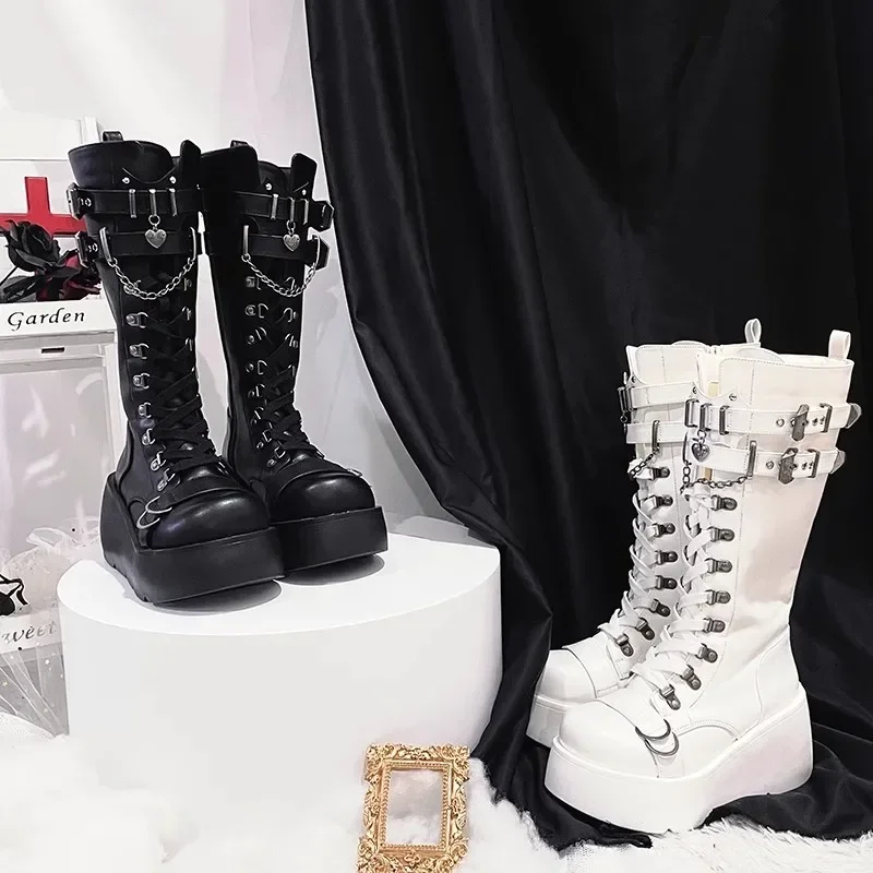 Metalowa klamra Chunky Platform Punk Boots Women 2024 Winter Gothic Thick Bottom Knee High Boots Woman Black Wedges Cosplay Shoes