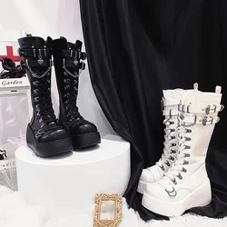 Metalowa klamra Chunky Platform Punk Boots Women 2024 Winter Gothic Thick Bottom Knee High Boots Woman Black Wedges Cosplay Shoes