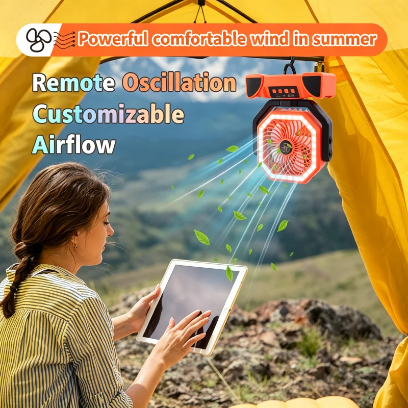20000mAh Portable Battery Operated Desk/Camping Fan with LED Light And Hook for Outdoor Tent Car Trip Rechargeable Fan