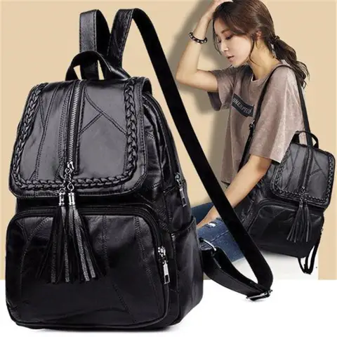 2024 Women's PU Leather backpack School bag classic black waterproof travel multi-function Shoulder bag