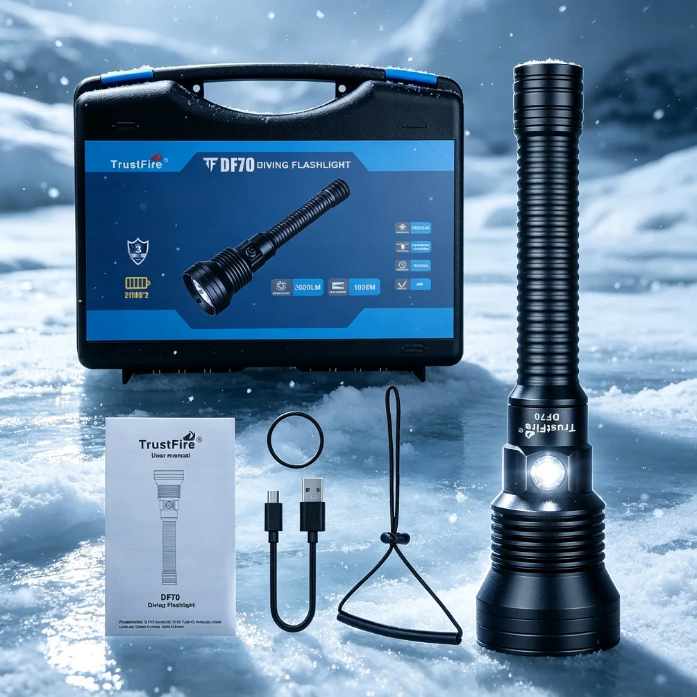 TrustFire Diving Flashlight 3600LM 1050M Beam IPX8 Waterproof 70m Underwater Rechargeable LED Torch for Diving Hunting Camping