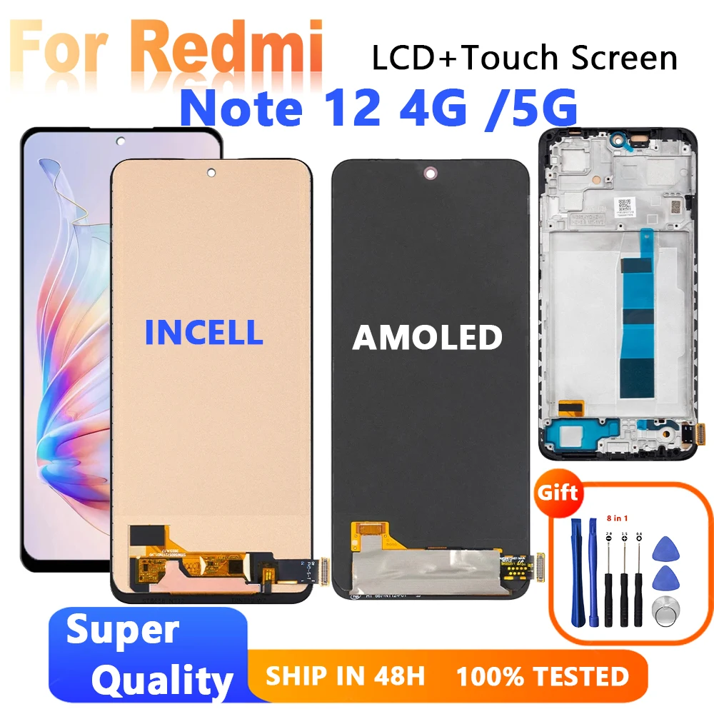 

For Xiaomi Redmi Note 12 4G Display Touch Screen Digitizer Panel Assembly For Redmi Note 12 5G 23021RAAEG 22111317 Lcd display