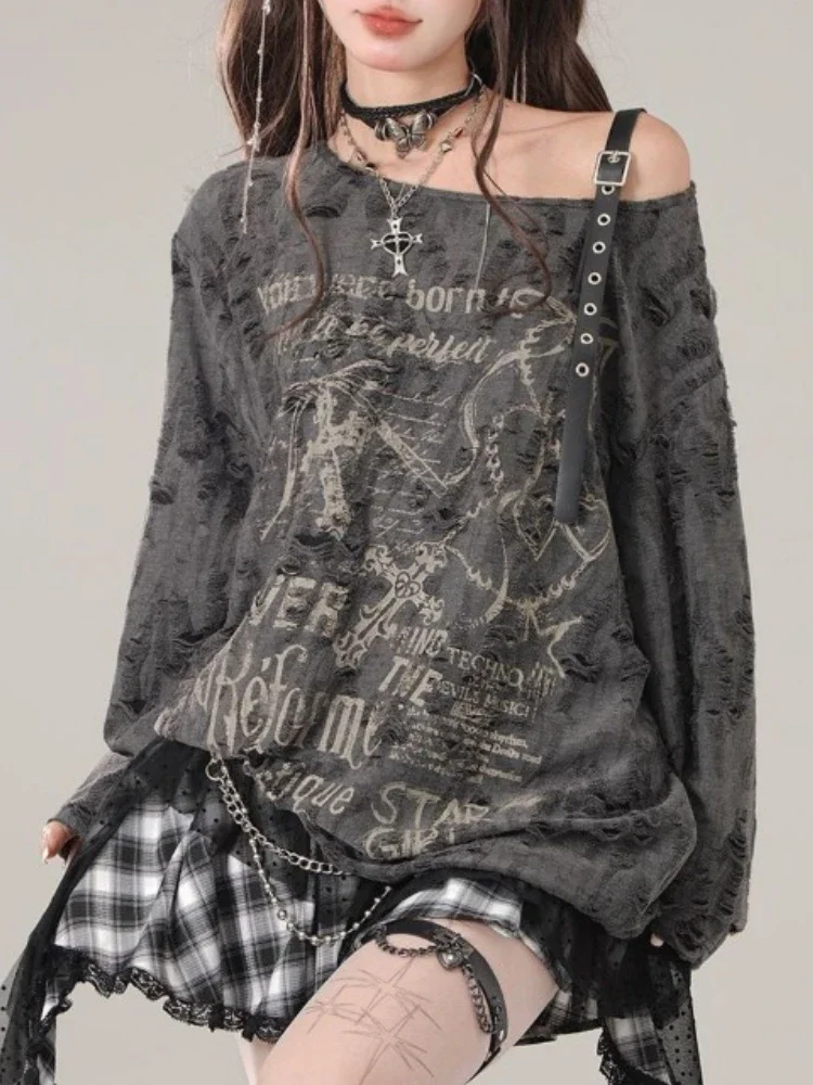 2024 Autumn Gothic Grunge Dark Hollow Out T Shirt Women Harajuku Hollow Out Off Shoulder Sexy Tees Female Punk Letter Print Tops