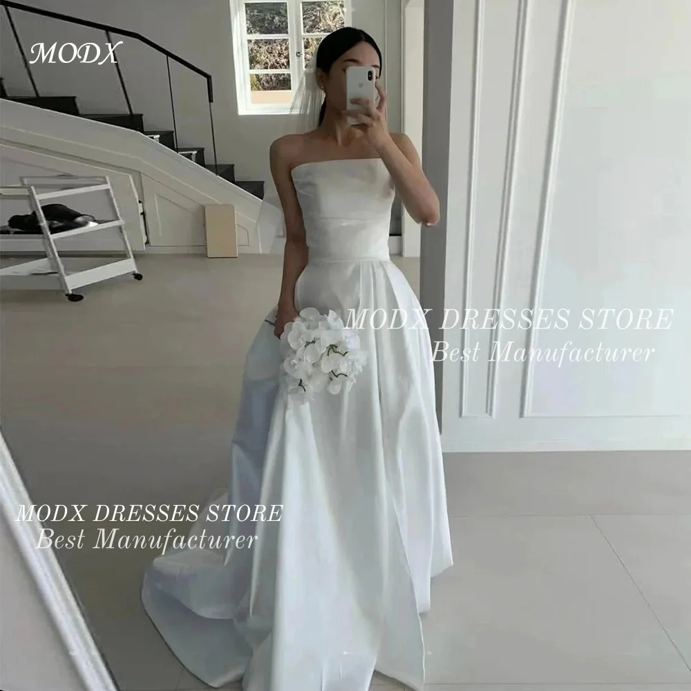 MODX Elegant White Satin Wedding Dress Sweetheart Corset Pleat Korea Photo Shoot Bridal Reception Gown Customized 웨딩드레스