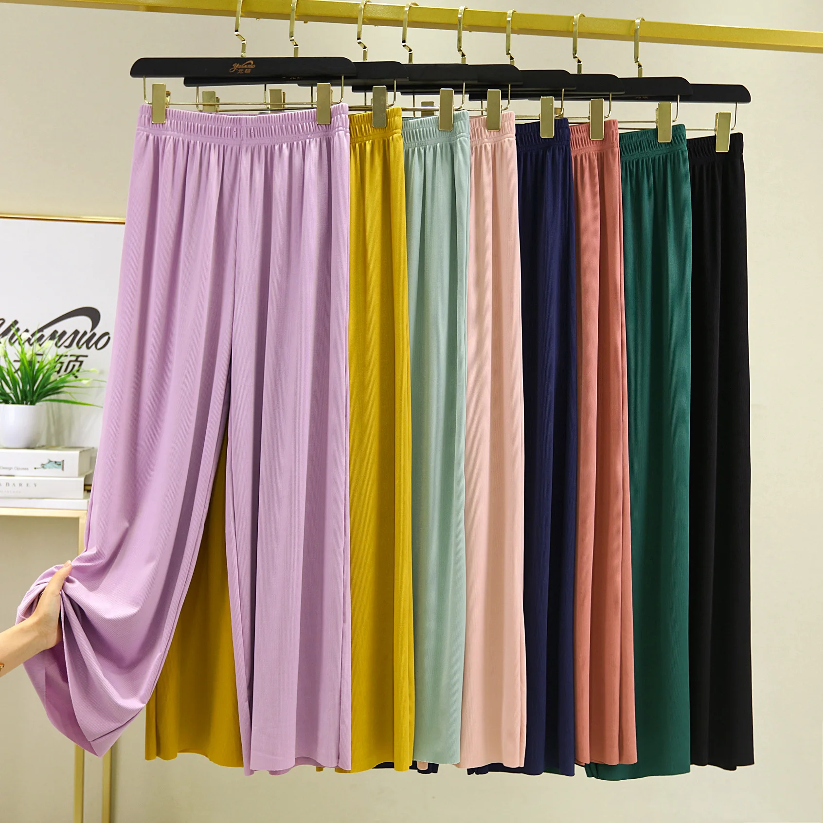 Icesilk Wide leg pants High waist Casual trousers Solid color Slimming Long pants plus size High elastic Homewear pants