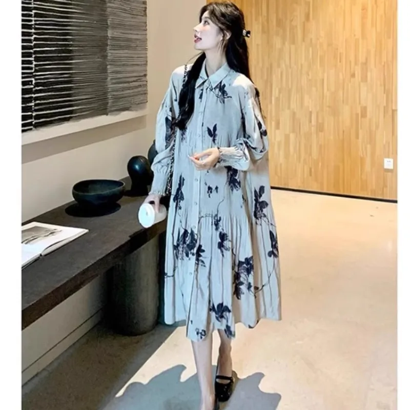 

SuperAen Chinese Style Ink Print Dress Women's Spring 2025 New Loose Long-sleeved Polo Collar A-line Dresses