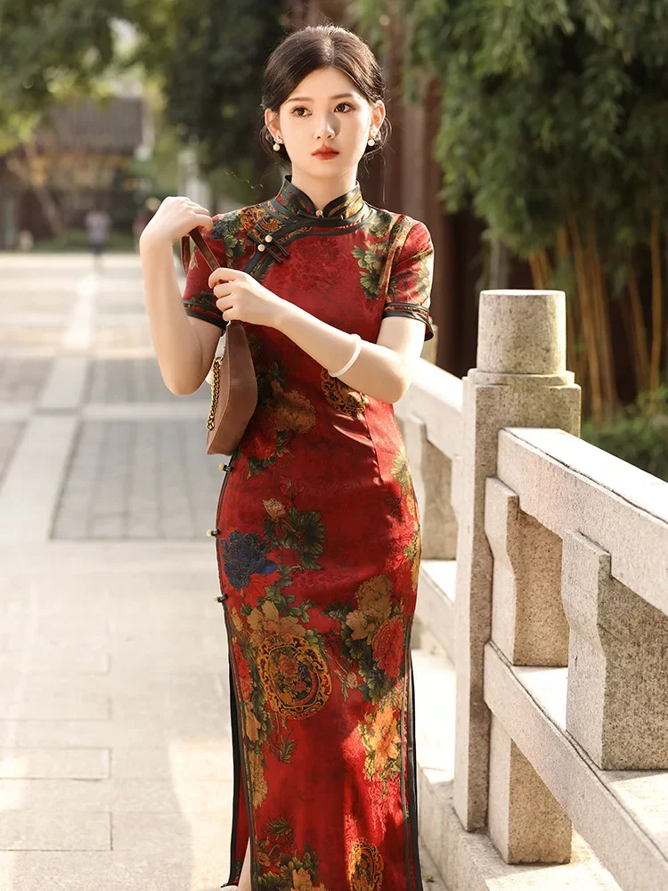 

Новинка 2024, женское винтажное платье Cheongsam, платья ручной работы на пуговицах с цветочным принтом, китайский стиль, лето-осень, длинное Ципао от M до 4XL