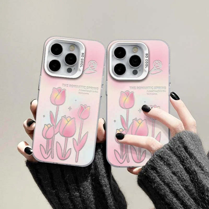 Wind Pink Tulip AllInclusive Hard Shockproof Phone Case For iPhone 15 Pro Max 14 Plus 13 12 11 XR X XS 8 7 Cover