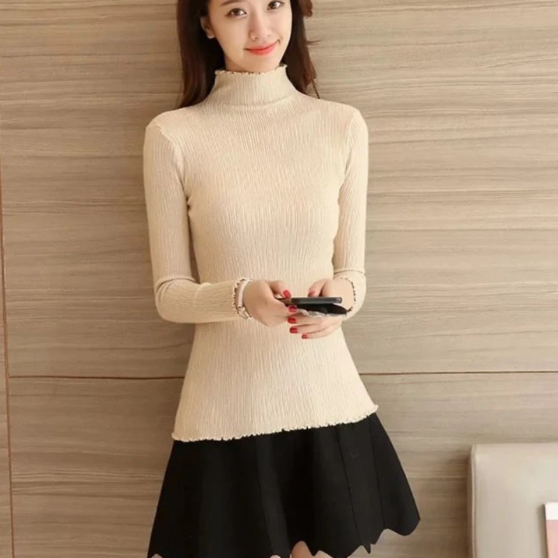 

2023 New Wooden Ear Mock Neck Sweater Women Base Shirt Autumn and Winter Long Sleeve Inner Wear All-Matching Slim Fit Knitwear