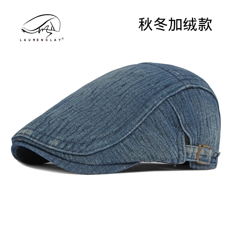 

2022 Autumn And Winter New Hat Men's Fleece-lined Thickened Washed Denim Beret Men's British Retro Advance Hats Women