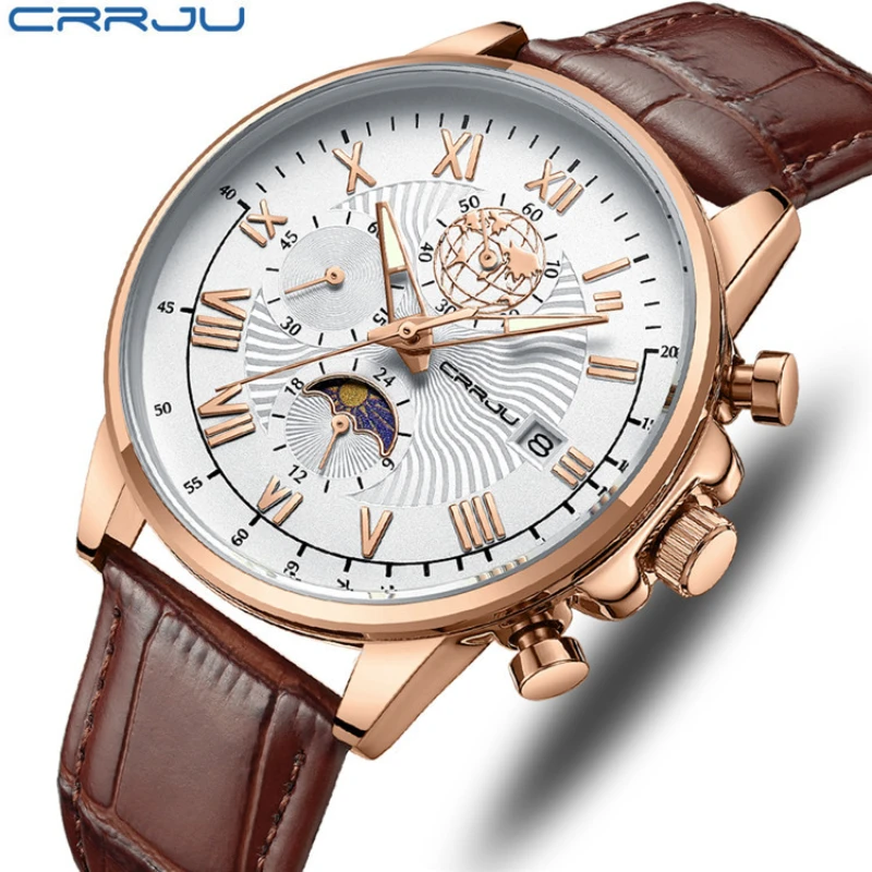 Fashion Men Dress Watches Genuine Leather Rose Gold White Big Dial Roman Numerals Business Men's Quartz Waterproof Male Clock