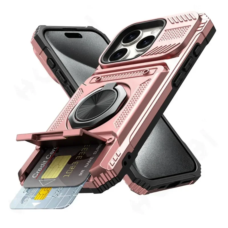 Militaire kwaliteit hoesje voor iPhone 11 13 14 15 16 Pro Max met magnetische draaibare ringstandaard, heavy-duty valbescherming en portemonnee-functie
