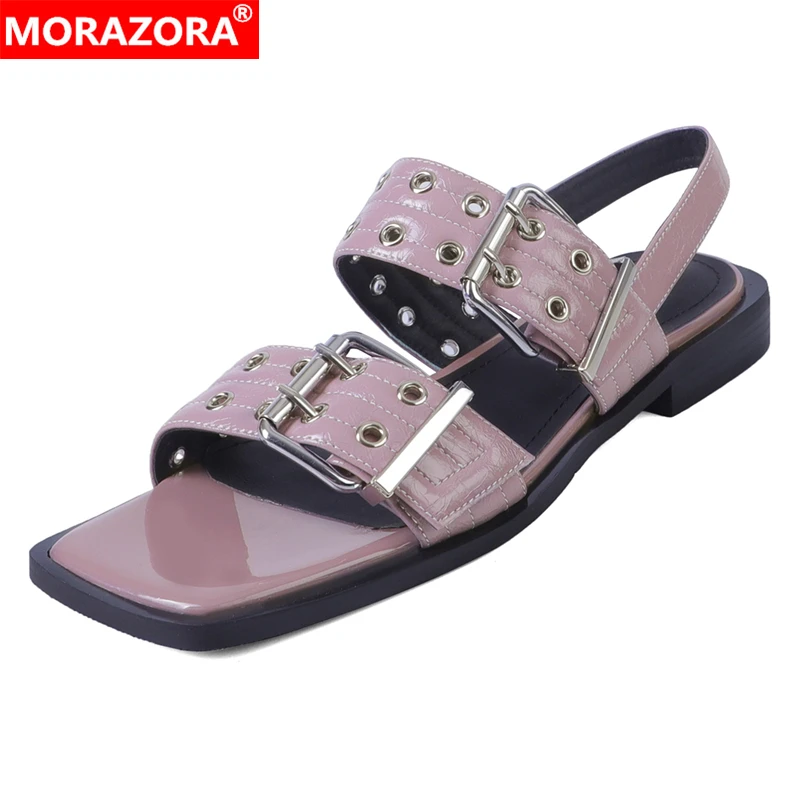 

MORAZORA, размеры 34–40, новая обувь из натуральной кожи, женские сандалии, летняя обувь на квадратном низком каблуке с пряжкой, женская обувь в стиле панк