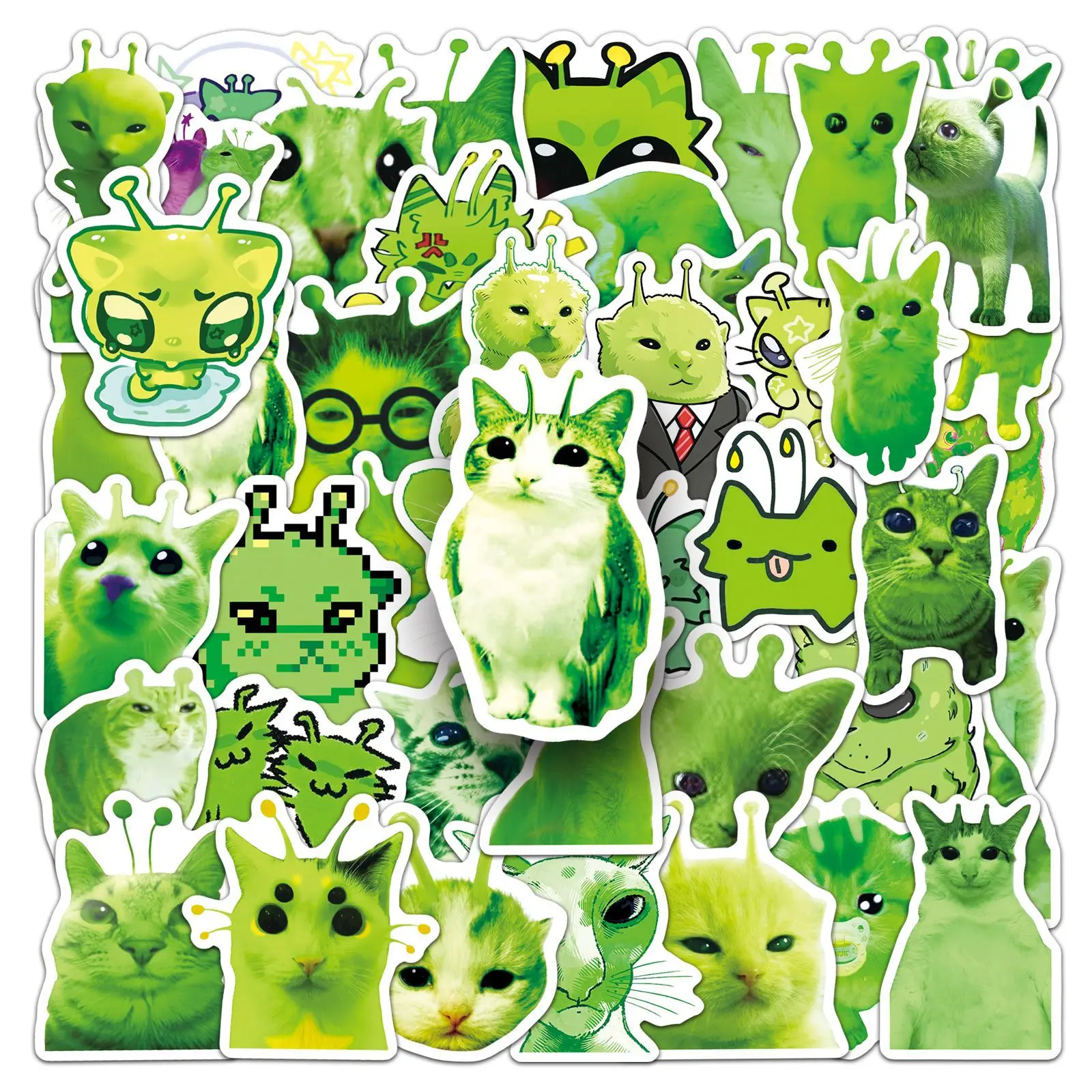 50 pegatinas estéticas de gatos alienígenas abstractos, pegatinas de vinilo impermeables de gatos divertidos en verde, blanco y negro para laptop, monopatín y equipaje