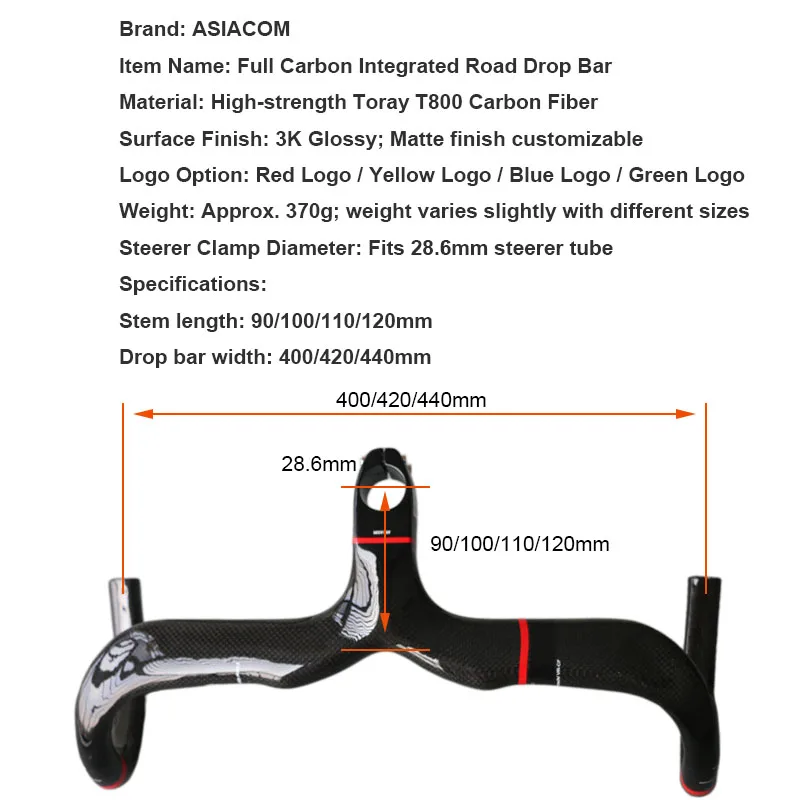 ASIACOM 3K Carbon Integrated Road Bike Drop Bar Aero Racing Handlebar Internal Cable Routing With Computer Mount 400-440mm