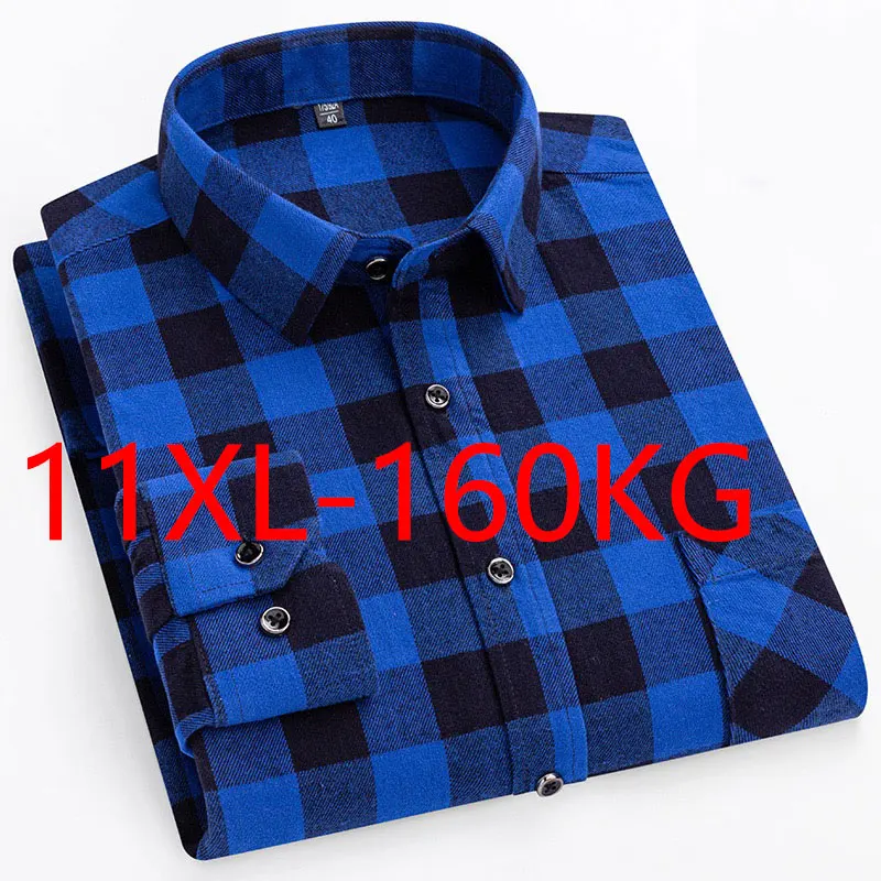 100% reines Baumwollhemd für Herren mit gebürstetem Karomuster, neuer Stil 11XL/10XL Übergrößen-Business-Casual-Hemd mit langen Ärmeln.