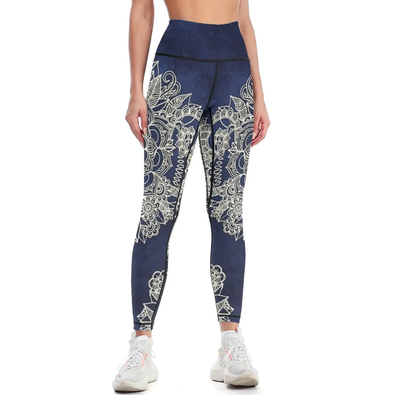 

Cream Floral Moroccan Pattern on Deep Indigo Ink Leggings Sports pants for Women's sportswear Women's trousers Womens Leggings