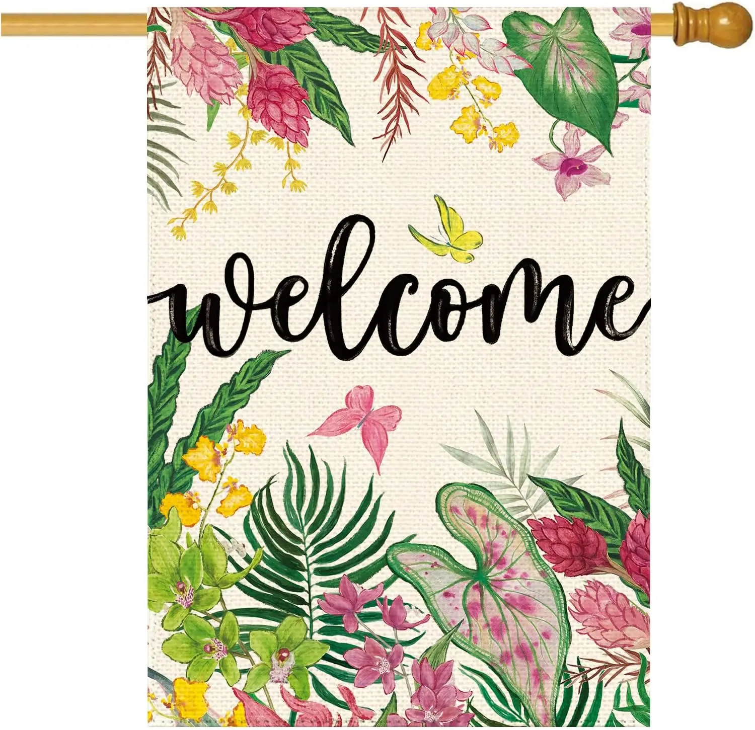 Spring Summer Caladium Leaves Welcome House Flag 28 x 40 Inch Double Sided, Tropical Fern Plants Burlap Large Yard Flags Hol jjp